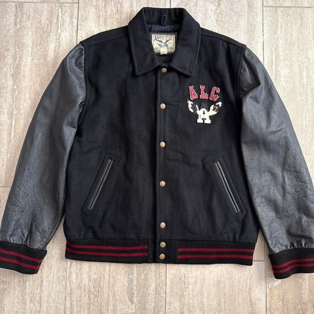 Vintage 90s y2k American Living Leather Varsity Jacket Black Red Mens XXL grunge